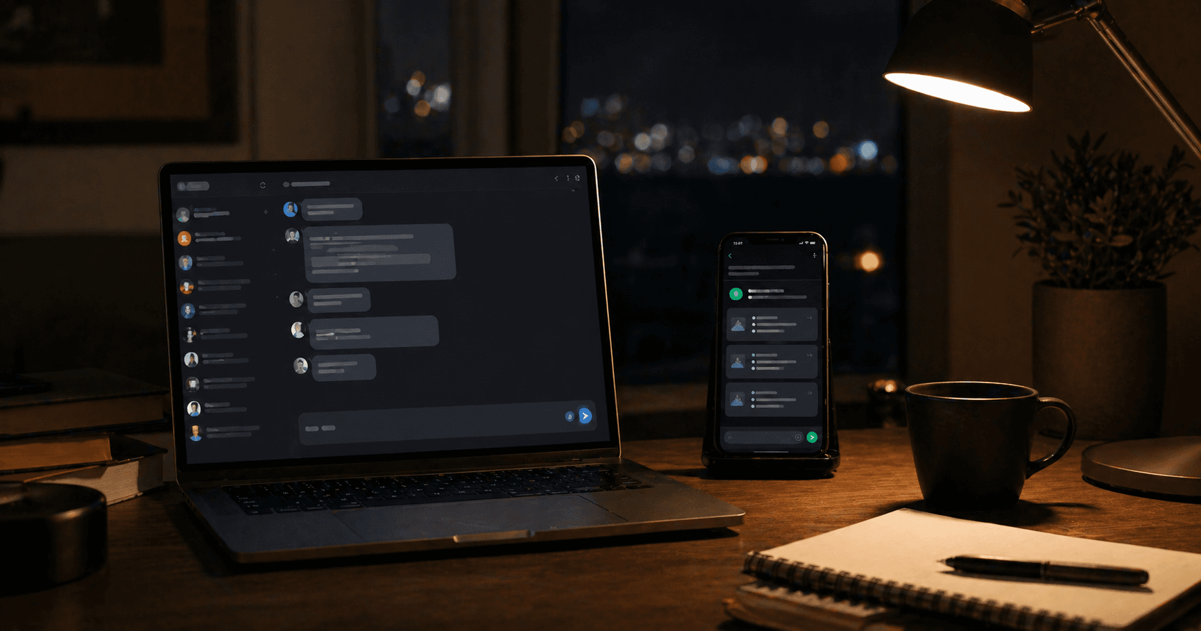 Una piccola scrivania illuminata di notte con un laptop che mostra una conversazione con un fornitore in stile WeChat e un telefono con un riepilogo Telegram da un agente IA