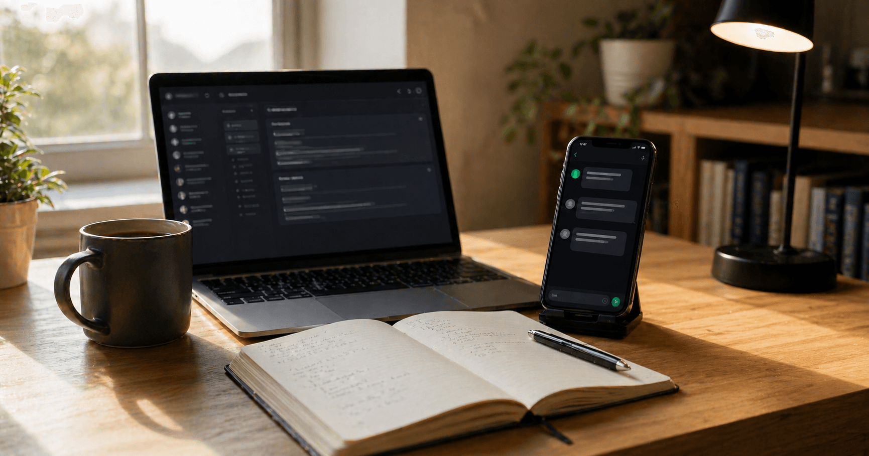 Solo founder's home desk with a laptop, open notebook, coffee mug, and a phone showing a morning standup chat