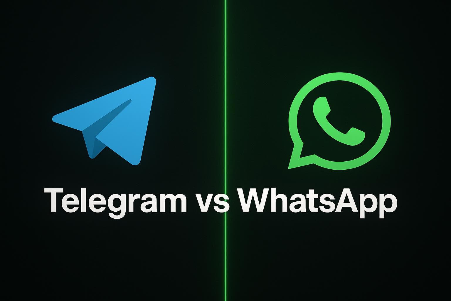 Layout scuro a schermo diviso con l'icona dell'aeroplanino di carta di Telegram a sinistra e l'icona del fumetto di WhatsApp a destra, separate da una linea verticale verde luminosa, con il testo in grassetto 'Telegram vs WhatsApp'