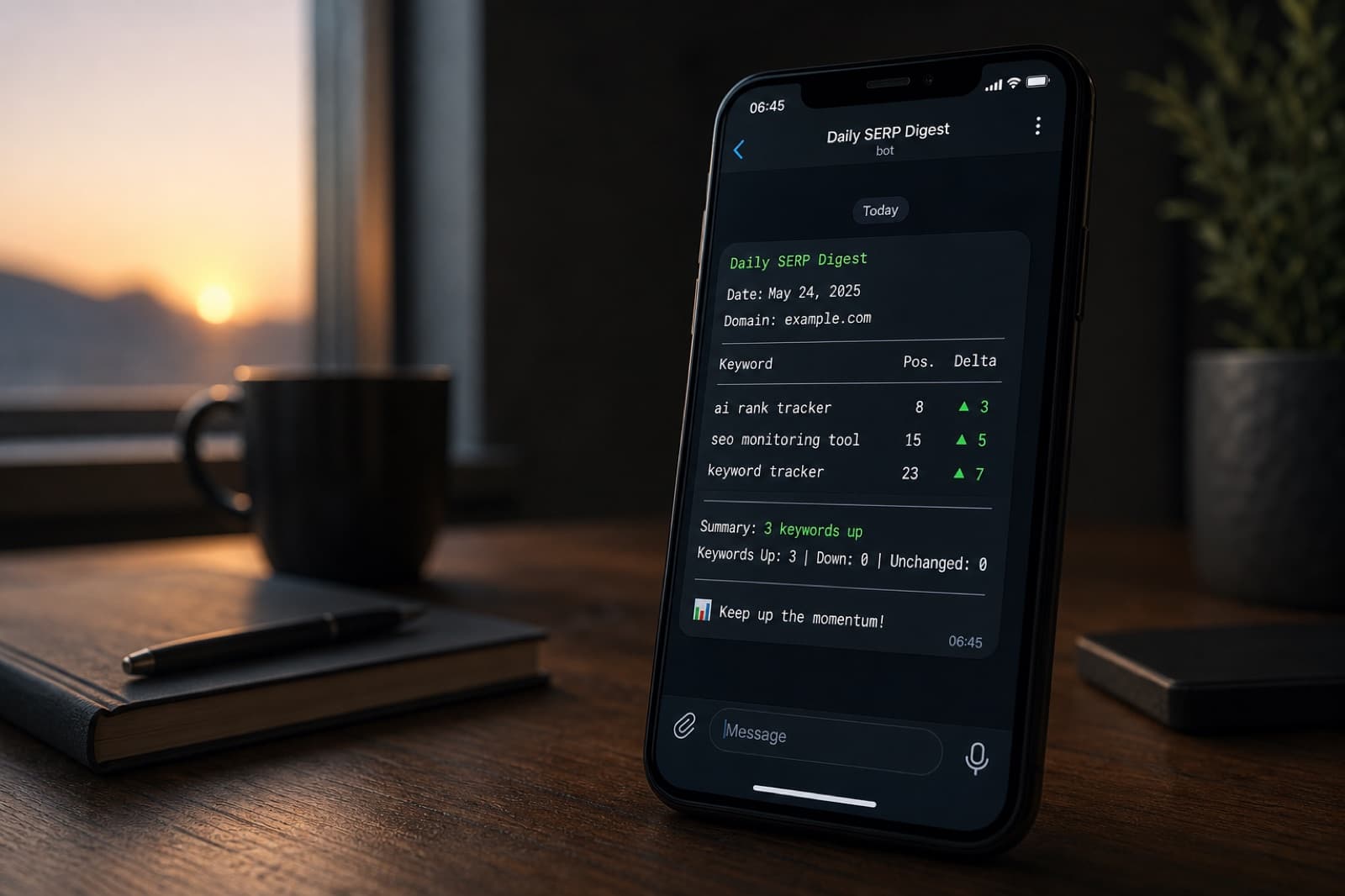 Pantalla de móvil sobre un escritorio mostrando un resumen matinal en Telegram con keywords monitoreadas, cambios de posición y un breve análisis escrito