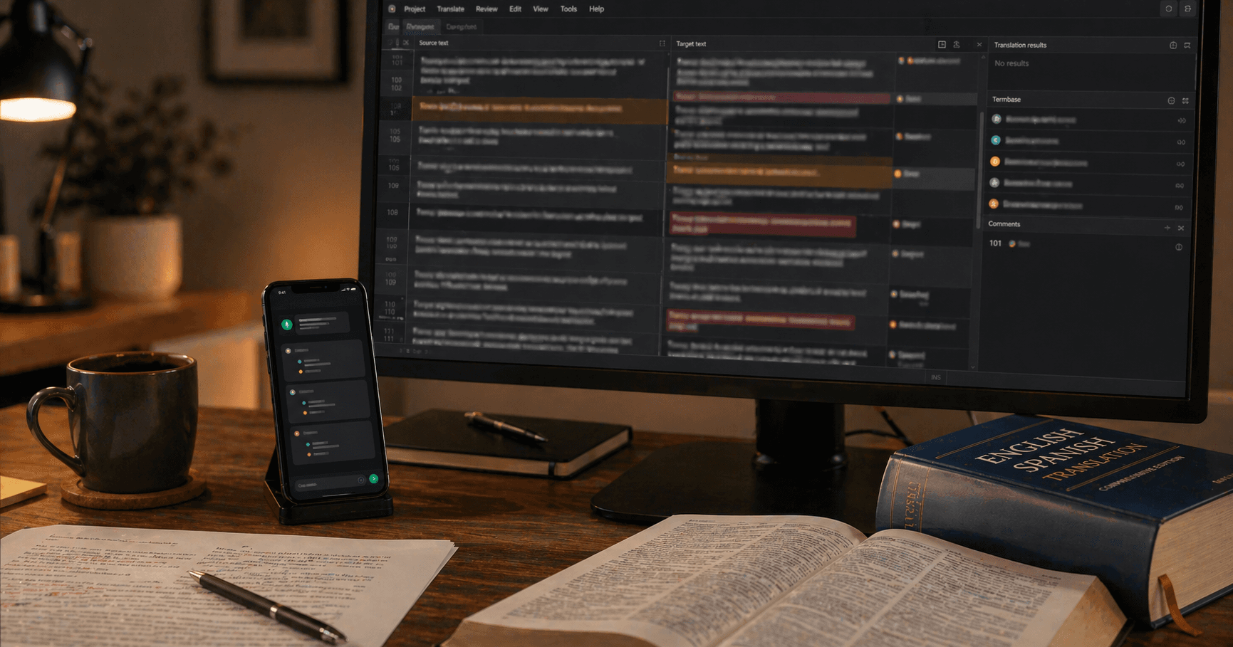 Un telefono sulla scrivania di una traduttrice freelance che mostra un messaggio di un agente IA su Telegram che evidenzia i segmenti ambigui in un documento sorgente, con il CAT tool aperto sul monitor