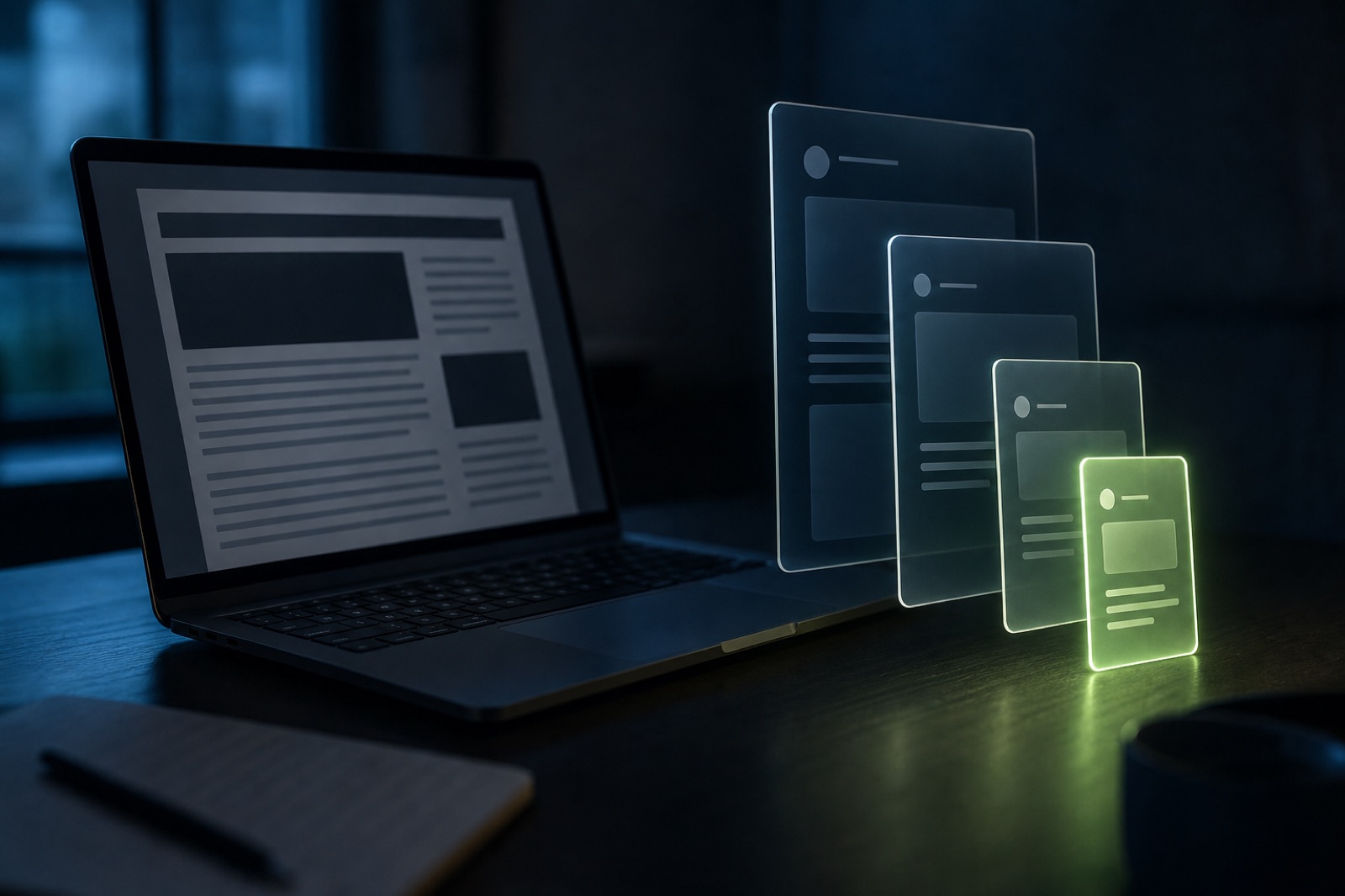 Ein dunkler Schreibtisch mit einem Laptop, der auf einer Bildschirmhälfte einen langen Artikel und auf der anderen eine Warteschlange plattformspezifischer Entwurfskarten zeigt, mit sanftem grünem Akzentlicht auf der freigegebenen Karte