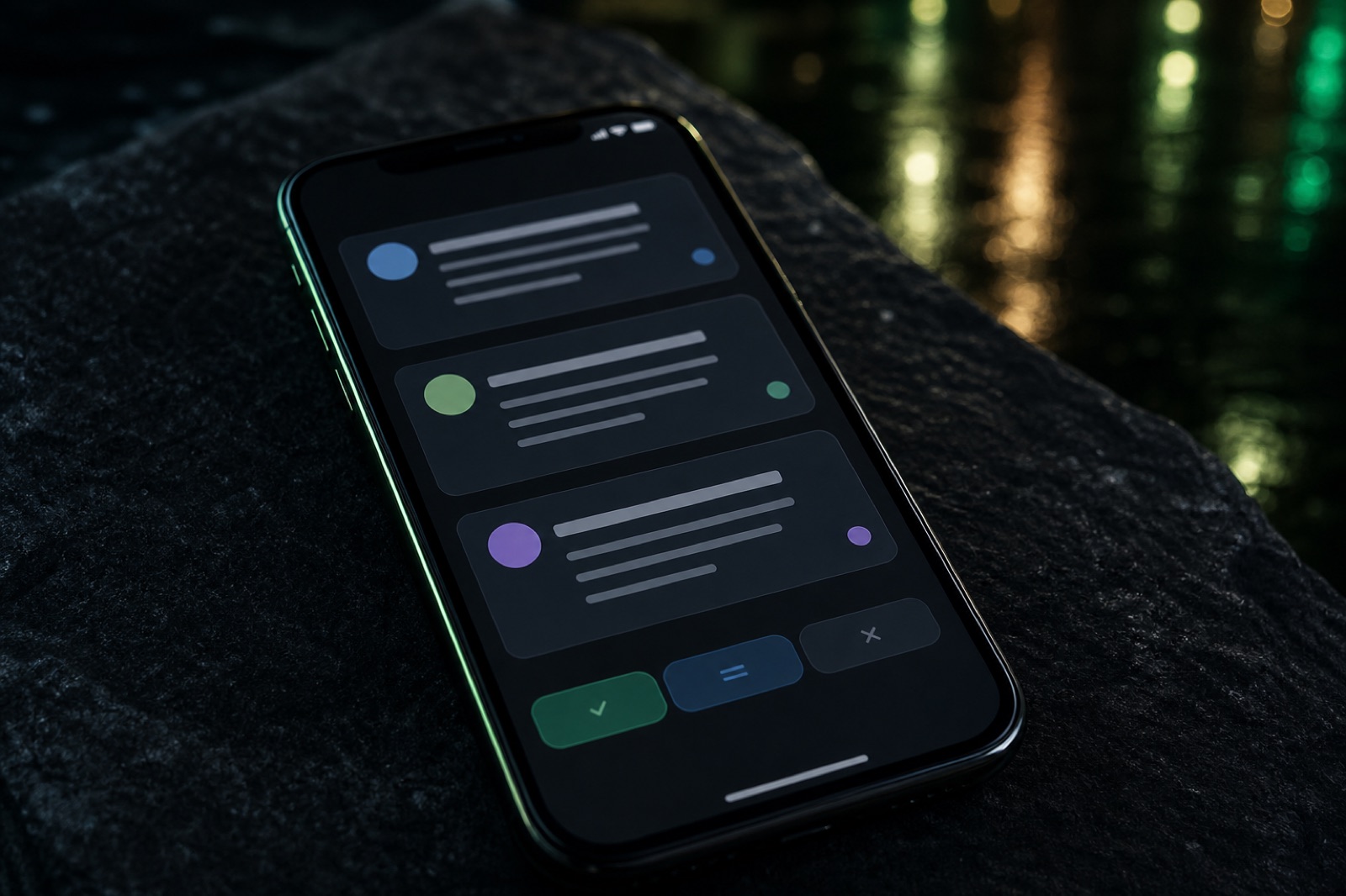 Ein Handy-Sperrbildschirm bei Nacht mit drei Telegram-Karten mit Freigeben-, Überarbeiten- und Überspringen-Buttons unter kurzen Vorschauen von LinkedIn- und X-Entwürfen, alles im Dark Mode