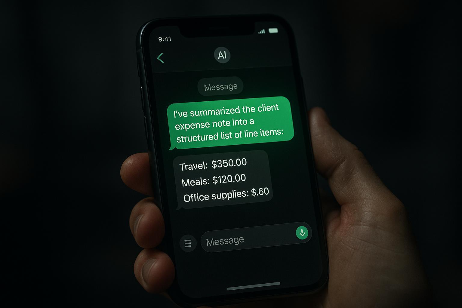 Gros plan d'un téléphone montrant un chat avec un assistant IA qui résume une note de frais client
