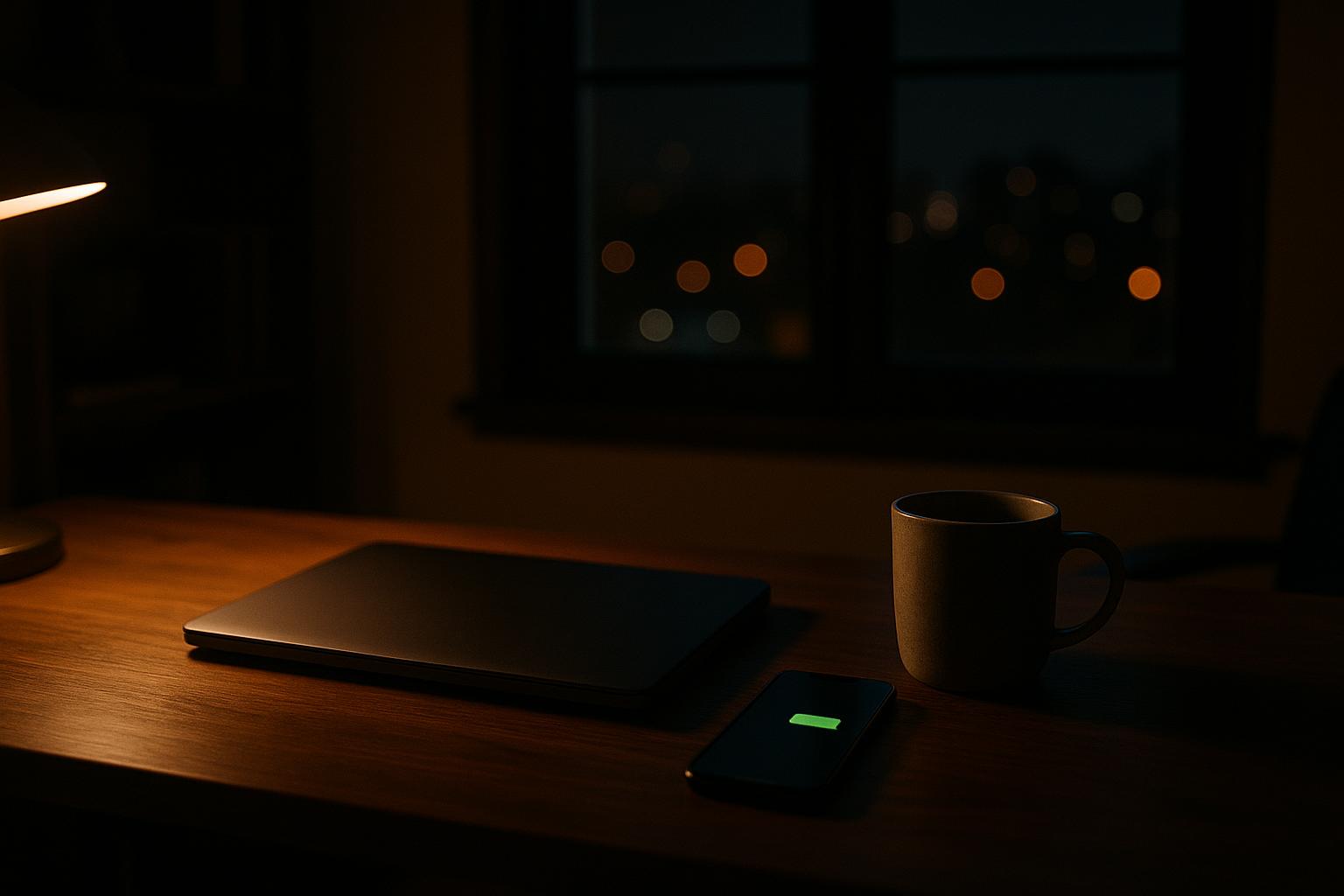 Un bureau à domicile sombre la nuit avec un ordinateur portable, un café et un téléphone affichant une bulle de message verte d'un assistant IA