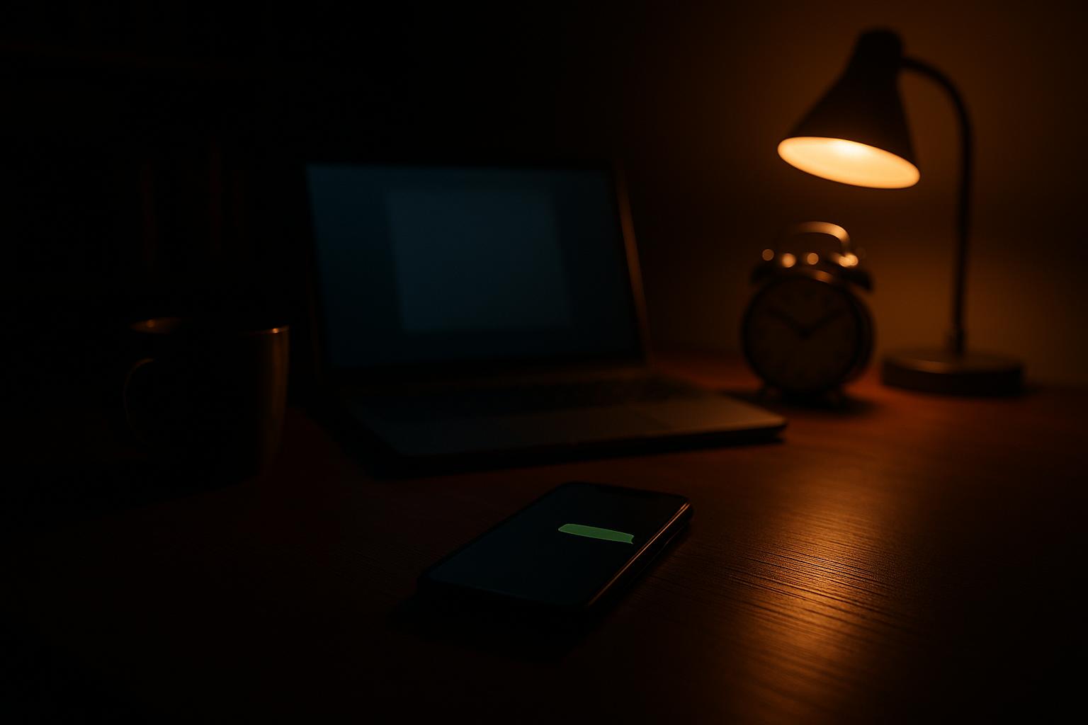 Una oficina en casa de noche con una laptop, un café y un teléfono mostrando una burbuja verde de mensaje de un asistente de IA