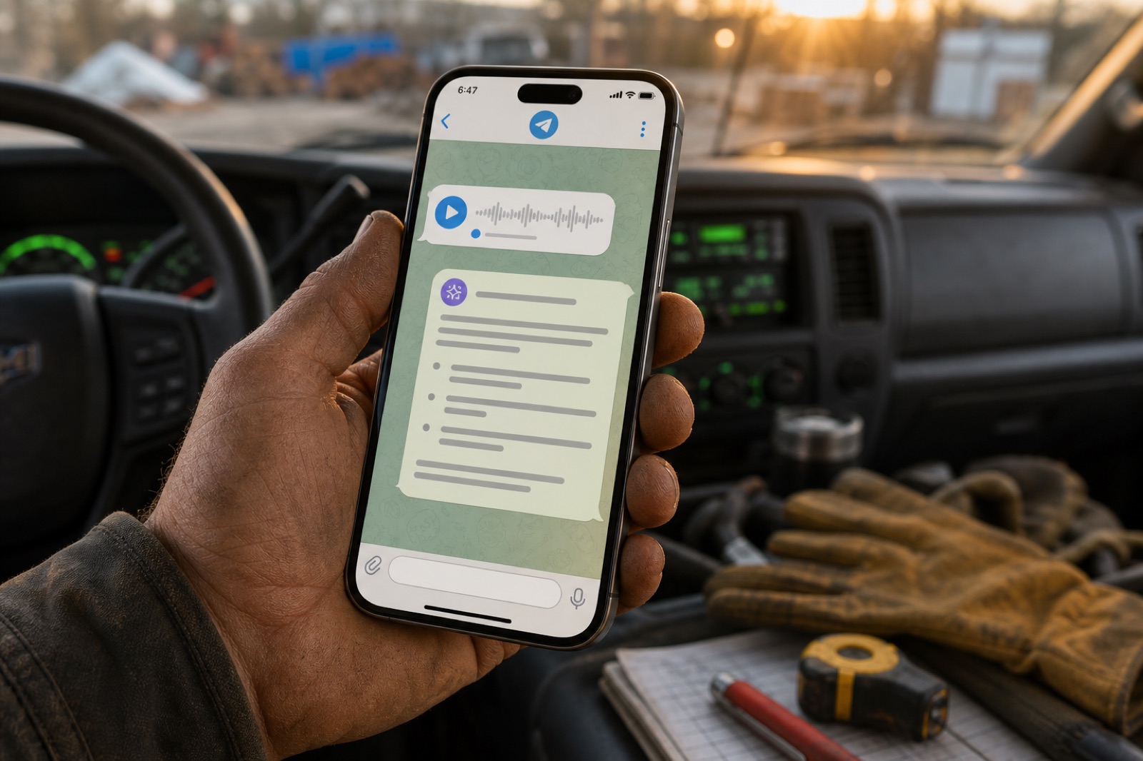 Nahaufnahme eines Telefons mit einem Telegram-Chat, in dem ein KI-Assistent die Sprachnotiz eines Handwerkers nach einer Baustellenbesichtigung zusammenfasst