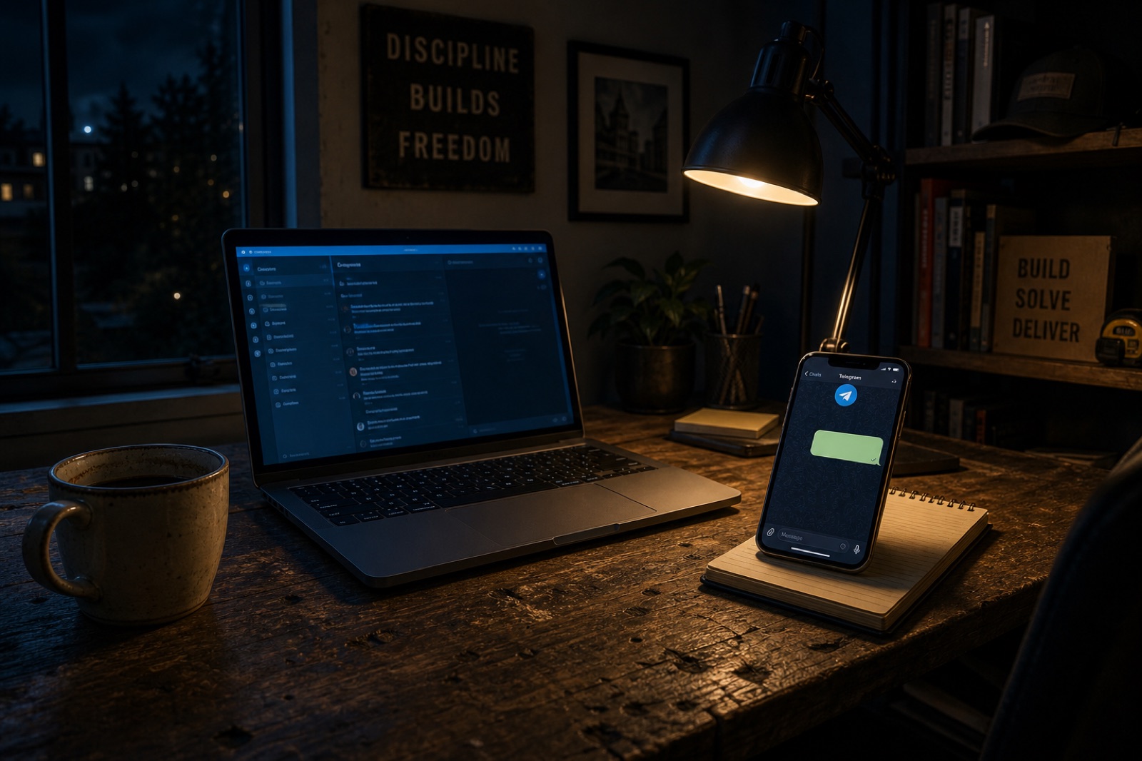 Dunkles Büro zu Hause bei Nacht mit Laptop, Kaffeebecher und einem Telefon, das eine grüne Telegram-Sprechblase eines KI-Assistenten zeigt, der eine Kunden-Nachfassnachricht entwirft