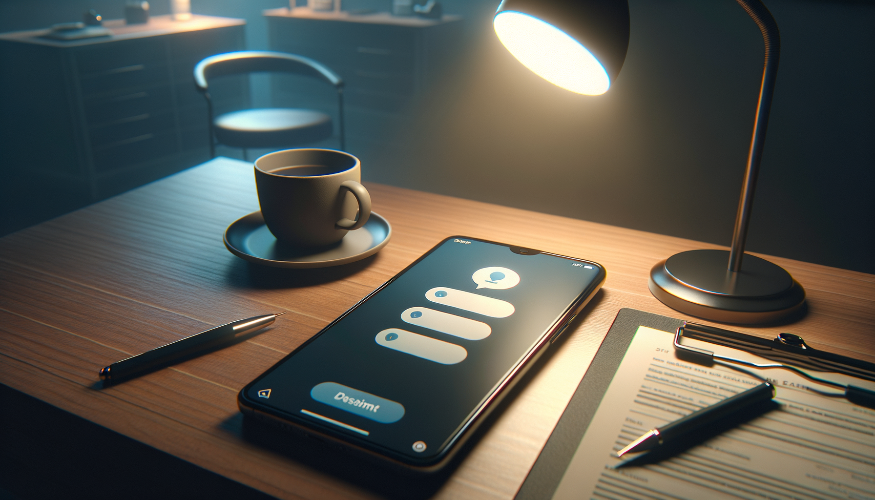 A close-up of a phone on a clinic desk showing a chat thread with an AI assistant summarizing a patient encounter into a SOAP draft