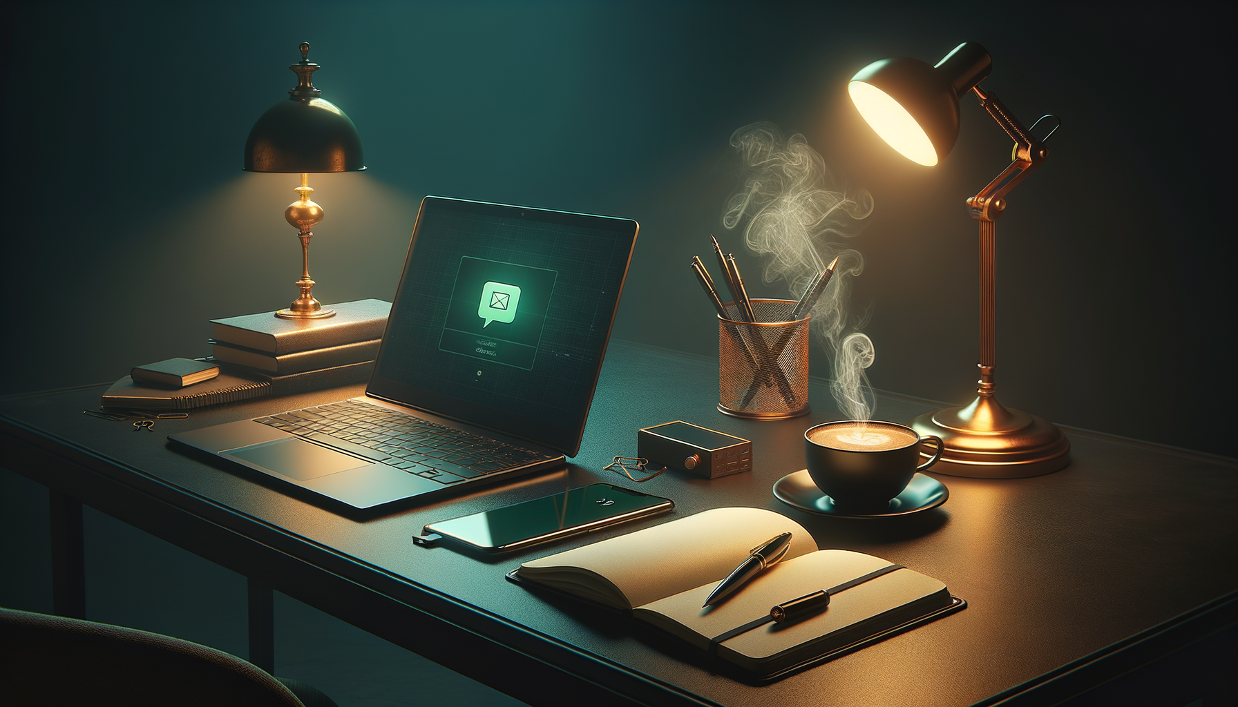A dark home office with a laptop, coffee, and a phone showing a green message bubble from an AI assistant drafting a patient follow-up