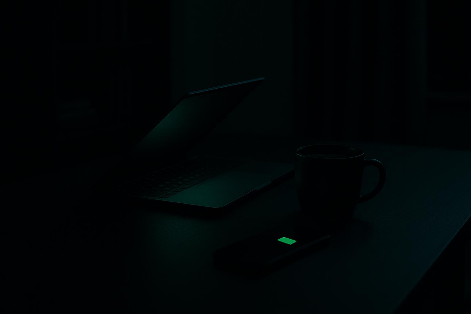 Una oficina en casa a oscuras por la noche con un portátil, un café y un móvil que muestra una burbuja de mensaje verde de un asistente de IA