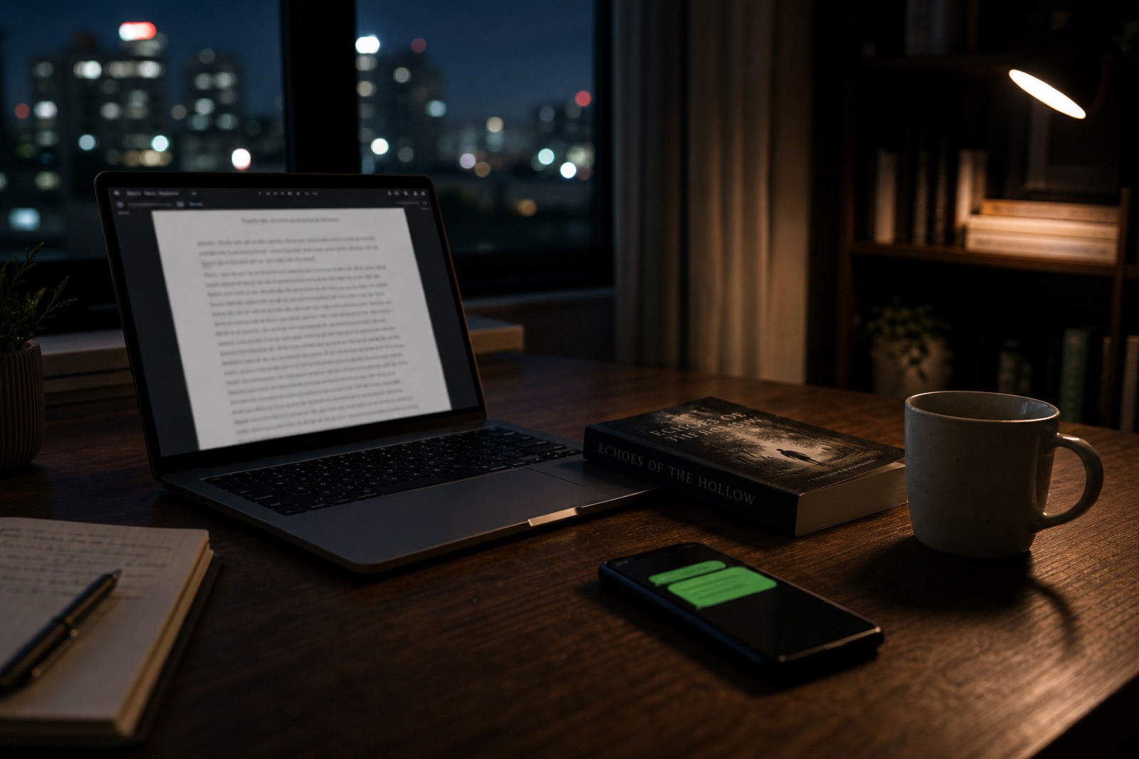 Um home office escuro à noite com um romance de bolso, um caderno e um celular com um balão verde de mensagem de um assistente IA