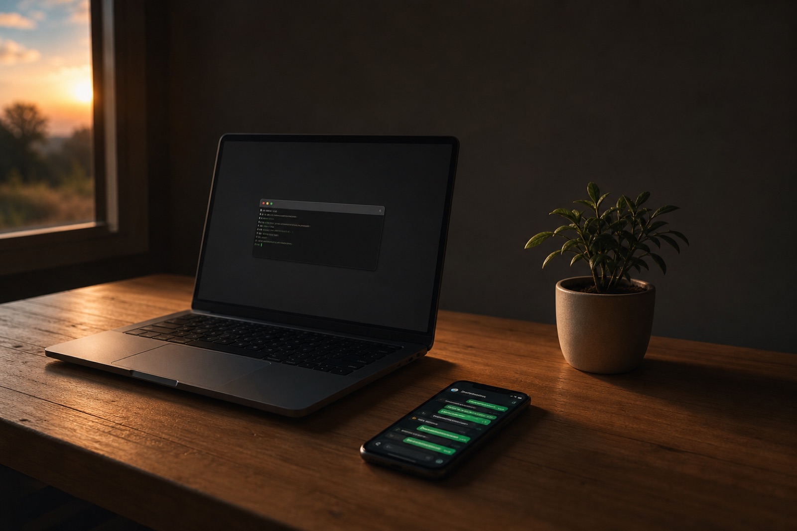 Ein minimalistischer Arbeitsplatz mit Terminal, einem Telefon mit Telegram und einer kleinen Topfpflanze, sanft im Morgenlicht beleuchtet.