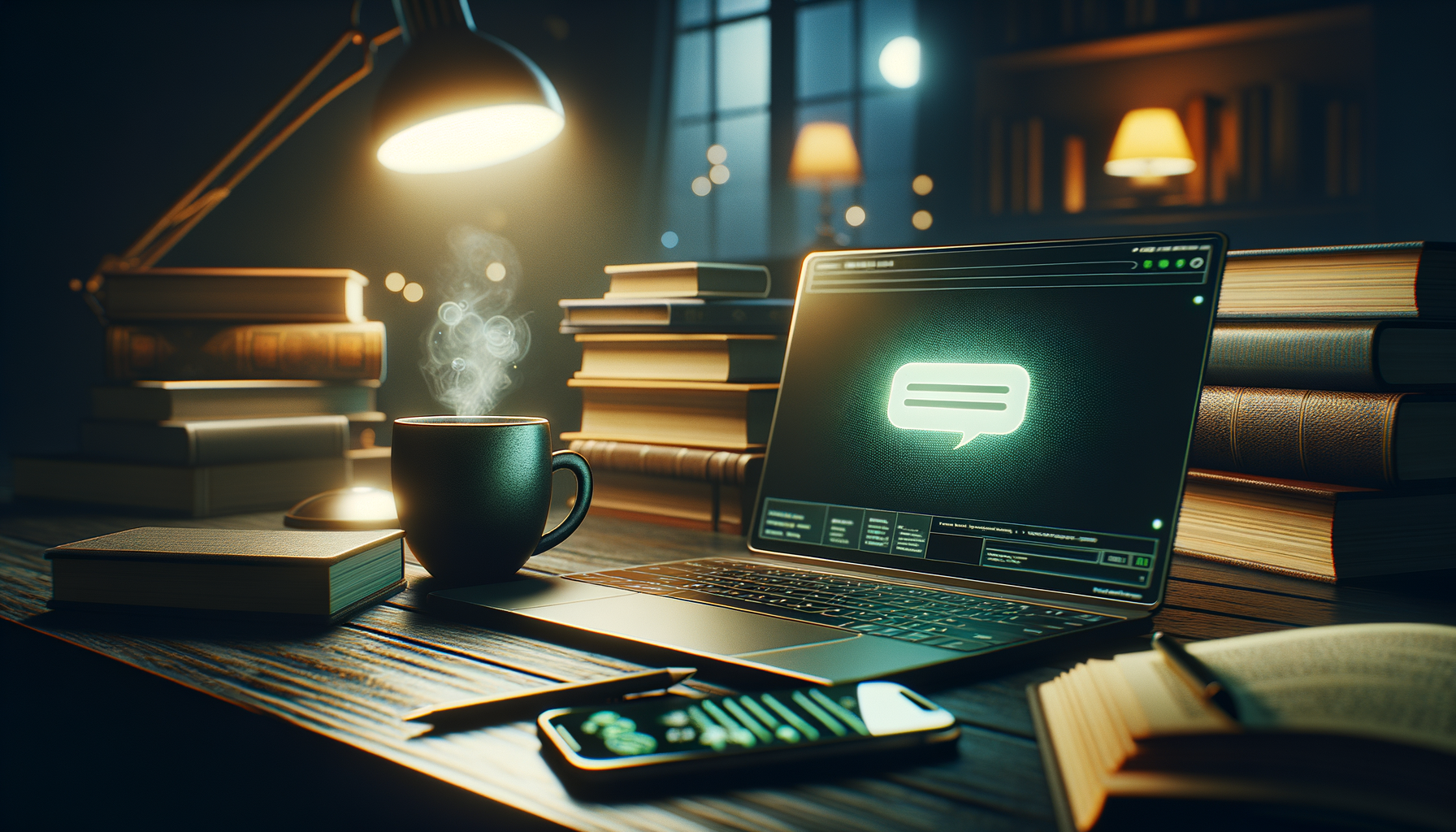 A dark home office at night with a laptop, coffee, and a phone showing a green message bubble from an AI assistant