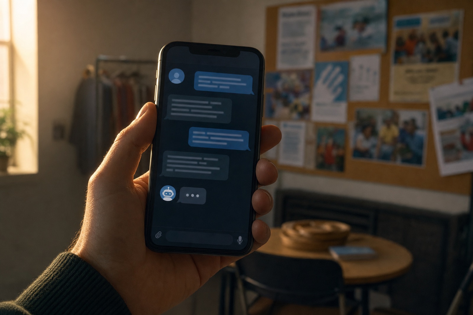 Gros plan d'un téléphone montrant une conversation Telegram avec un assistant IA rédigeant un remerciement à un donateur