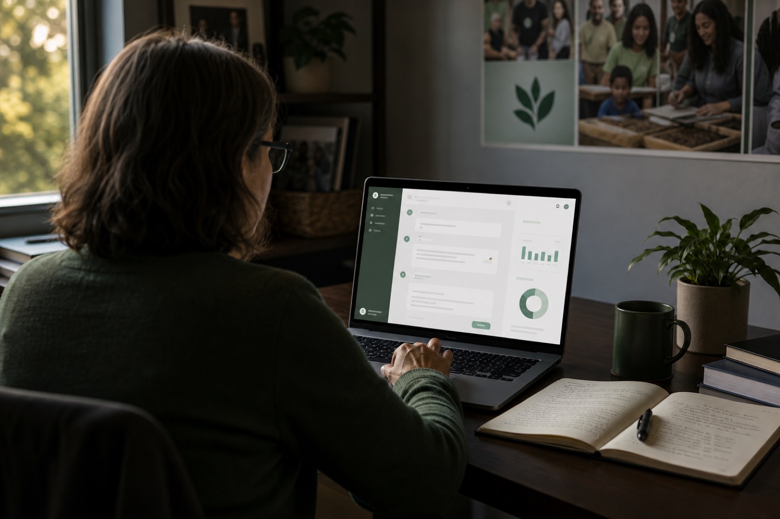 Une directrice de programme consultant un message de digest hebdomadaire d'un assistant IA sur son ordinateur portable
