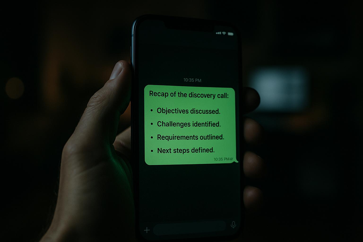 Close de um telefone mostrando uma conversa de Telegram com um assistente de IA resumindo uma discovery call de vendas