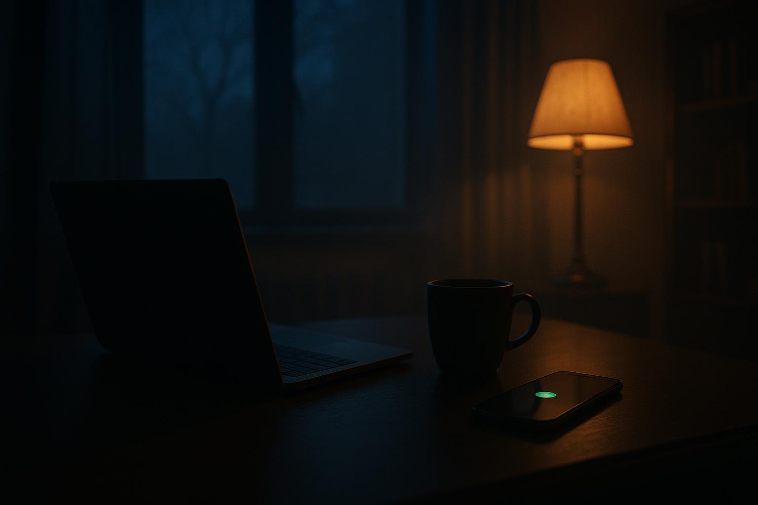 Um home office escuro à noite com laptop, café e um telefone mostrando uma bolha verde de Telegram de um assistente de IA