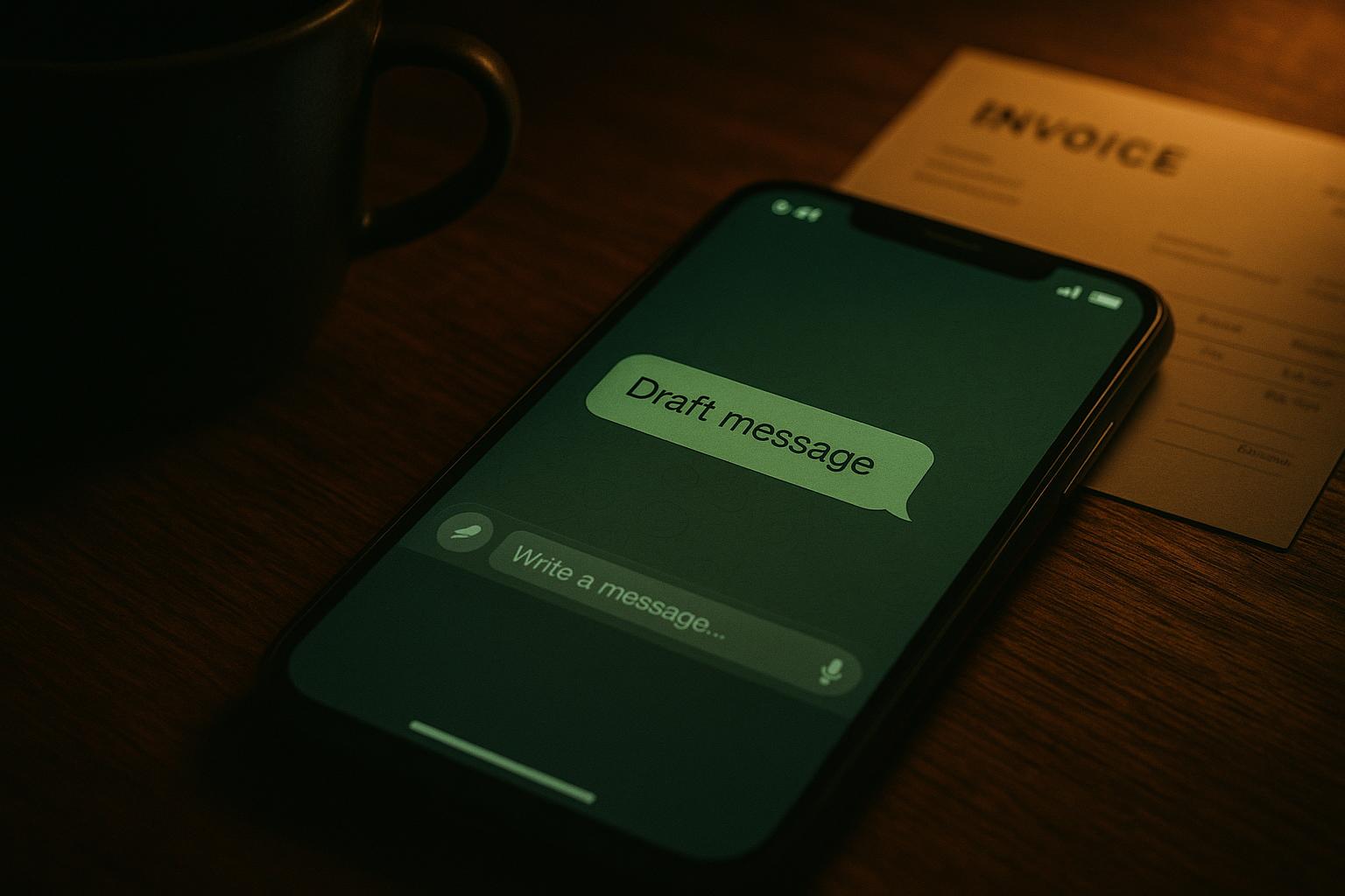 Gros plan d'un téléphone affichant un chat avec un assistant IA en train de rédiger une relance par e-mail à un fournisseur