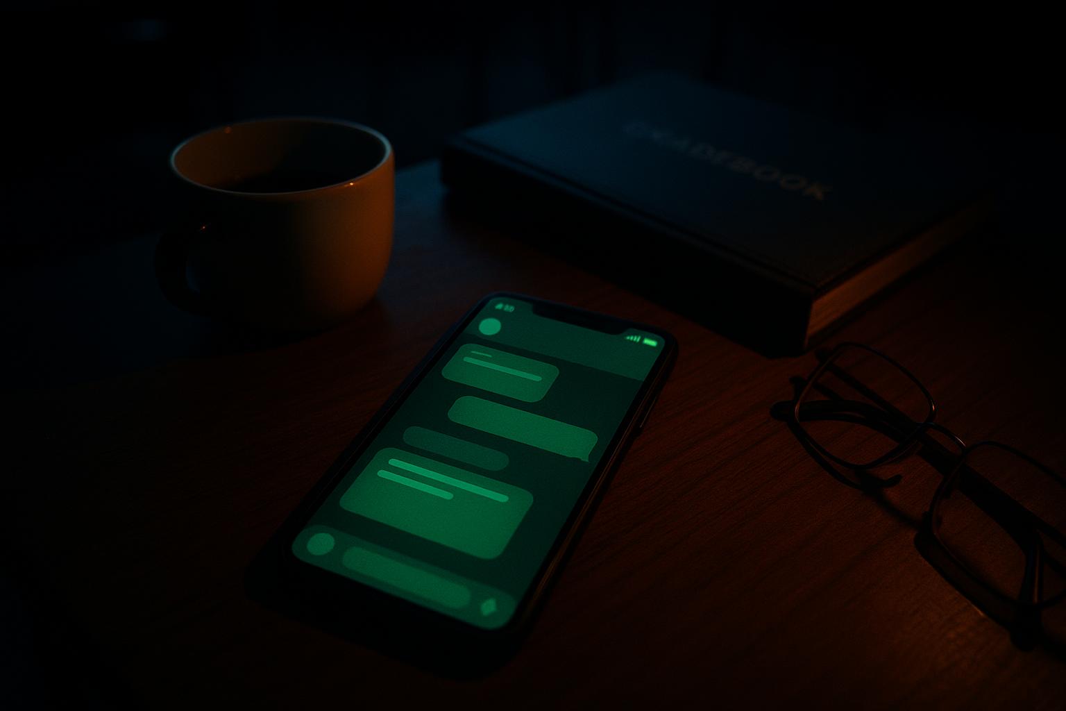 Gros plan d'un téléphone sur le bureau d'un enseignant montrant un chat IA en train de rédiger un mail à une famille