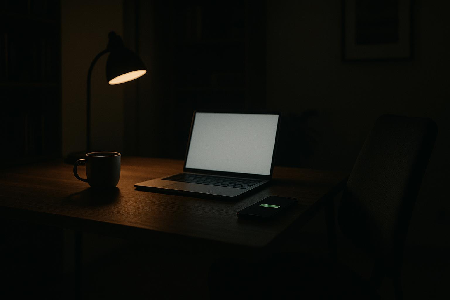 Un bureau à la maison, sombre, avec un ordinateur portable, un café et un téléphone montrant une bulle verte d'un assistant IA en train de rédiger un mail à une famille