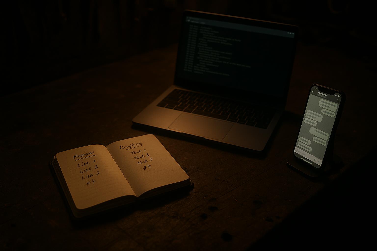 Fotografía oscura de una mesa de taller con un cuaderno abierto en recetas de skills escritas a mano, un portátil con un terminal en marcha y un móvil en un soporte mostrando un chat de Telegram: las tres superficies del agente trabajando a la vez
