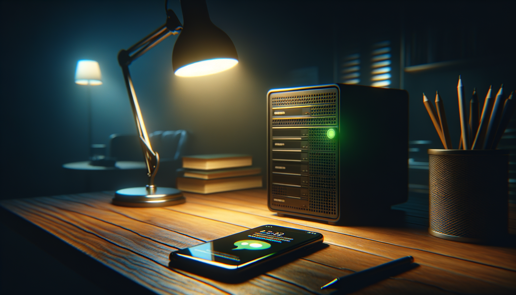 Photorealistic dark home-office scene with a phone on a desk showing a green chat bubble notification, a small server light blinking faintly in the background