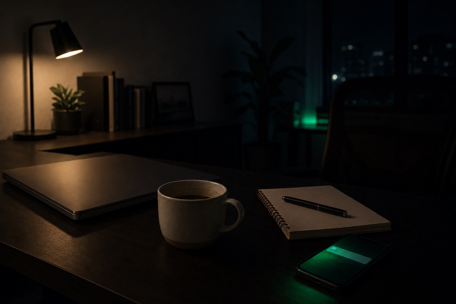 Un despacho oscuro de noche con un portátil, un café y un teléfono con una burbuja verde de Telegram donde un agente de IA encola tres borradores de seguimiento