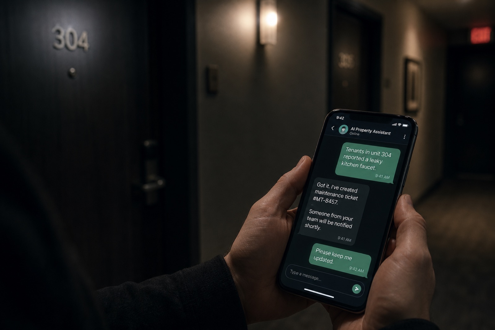 Primo piano di uno smartphone che mostra una conversazione in chat con un assistente AI che riassume un ticket di manutenzione