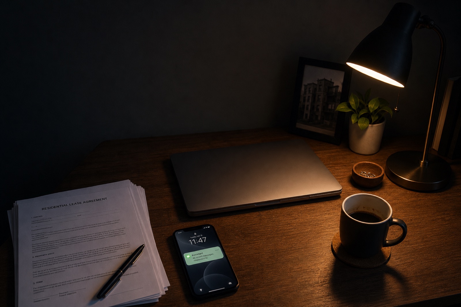 Un home office al buio di notte con un laptop e un telefono che mostra una bolla di chat verde con un messaggio dell'assistente AI su un rinnovo di contratto