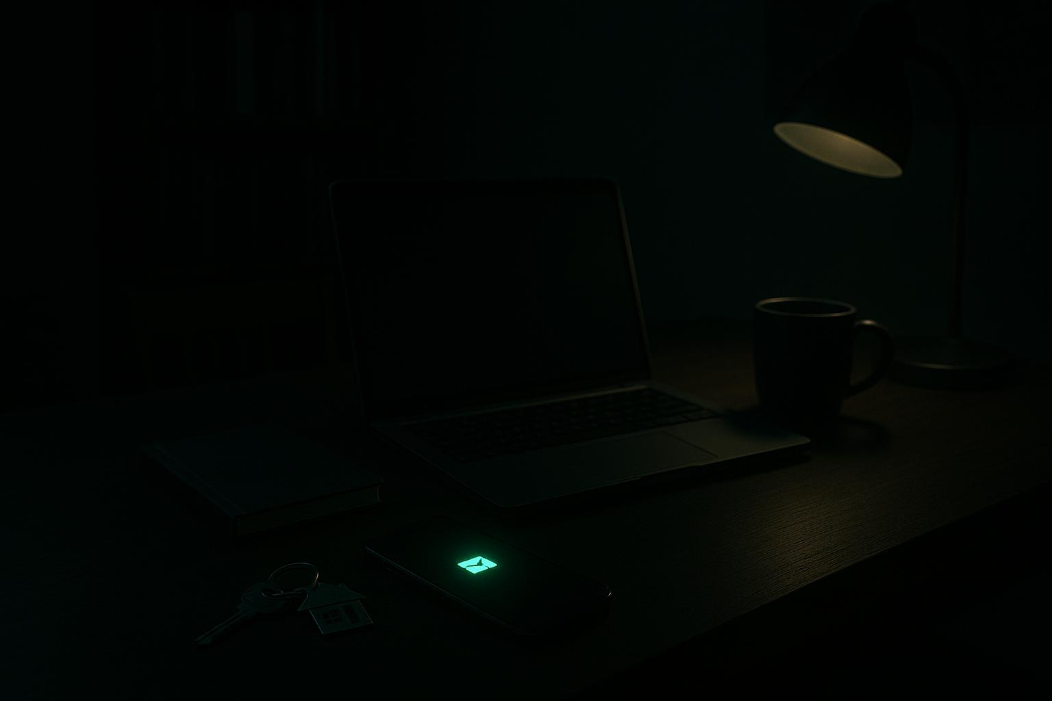 A dark home office at night with a laptop and a phone showing a green chat bubble from an AI assistant about a buyer follow-up