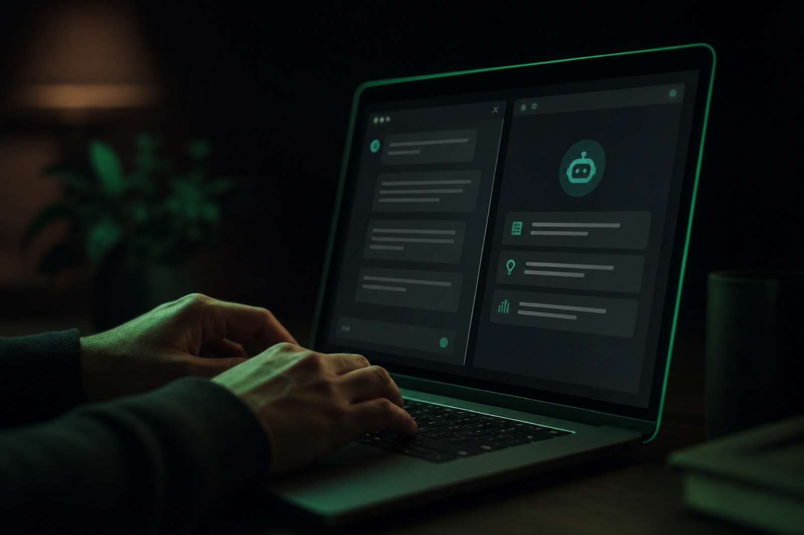 Personne devant un ordinateur portable comparant deux fenêtres, l'une affichant un profil de VA sur une plateforme de recrutement, l'autre une interface de chat, fond sombre avec une légère lueur verte