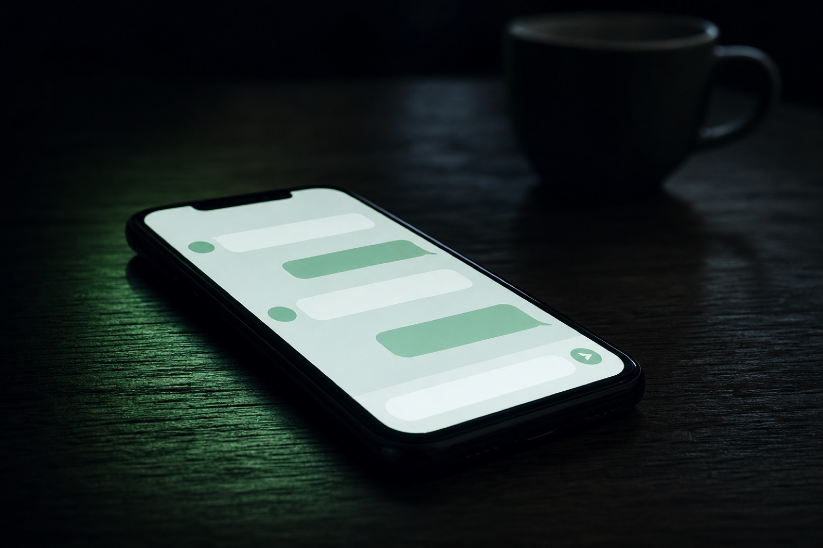 Gros plan de l'écran d'un smartphone affichant une conversation Telegram avec un agent IA, bulles de messages vertes sur une interface sombre, lumière douce du téléphone éclairant un bureau de nuit