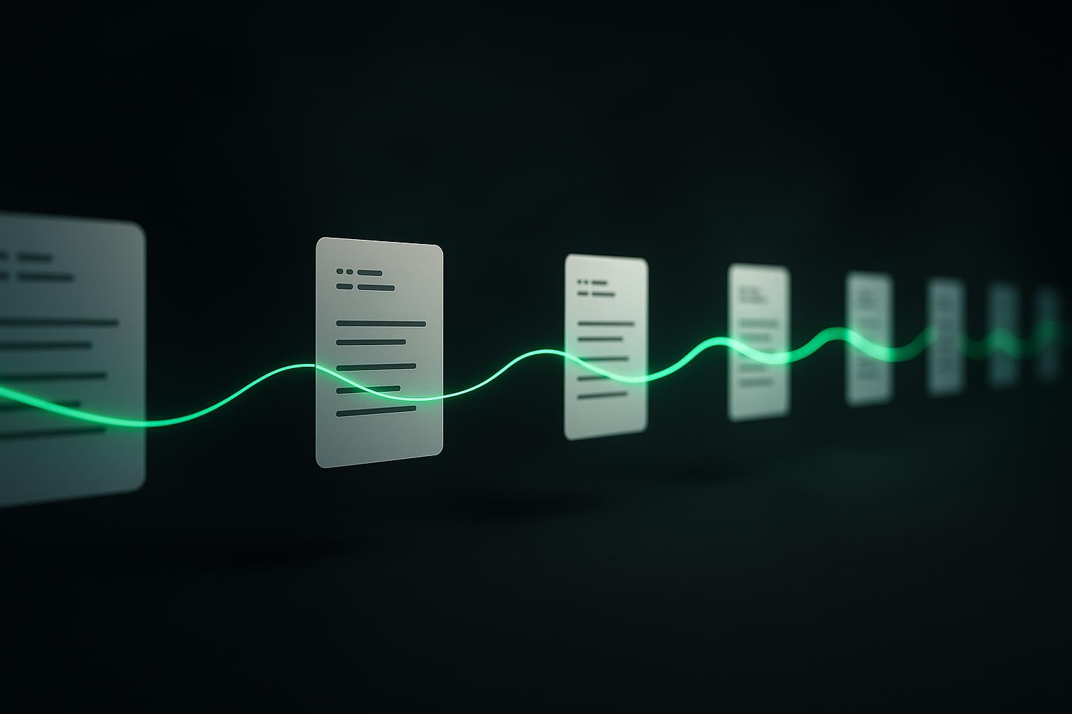 Línea de tiempo horizontal larga con notas markdown conectadas por hilos verdes, representando la memoria persistida a través de muchas conversaciones separadas