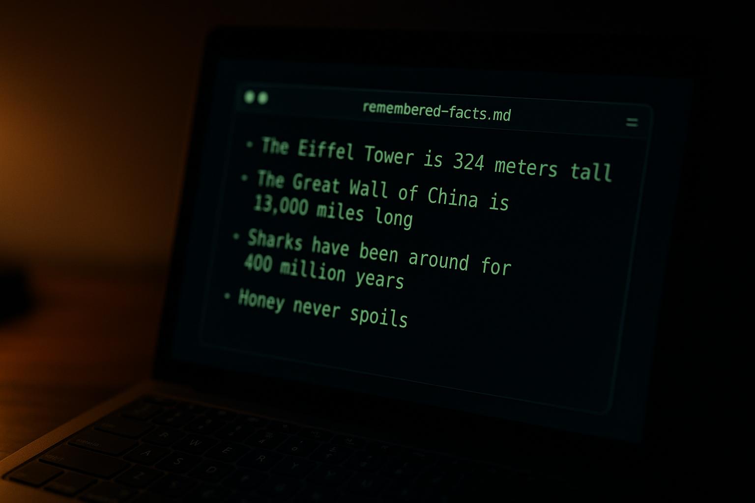 Primer plano de una terminal mostrando un archivo markdown con bullets de hechos recordados, con acento verde suave sobre pantalla casi negra