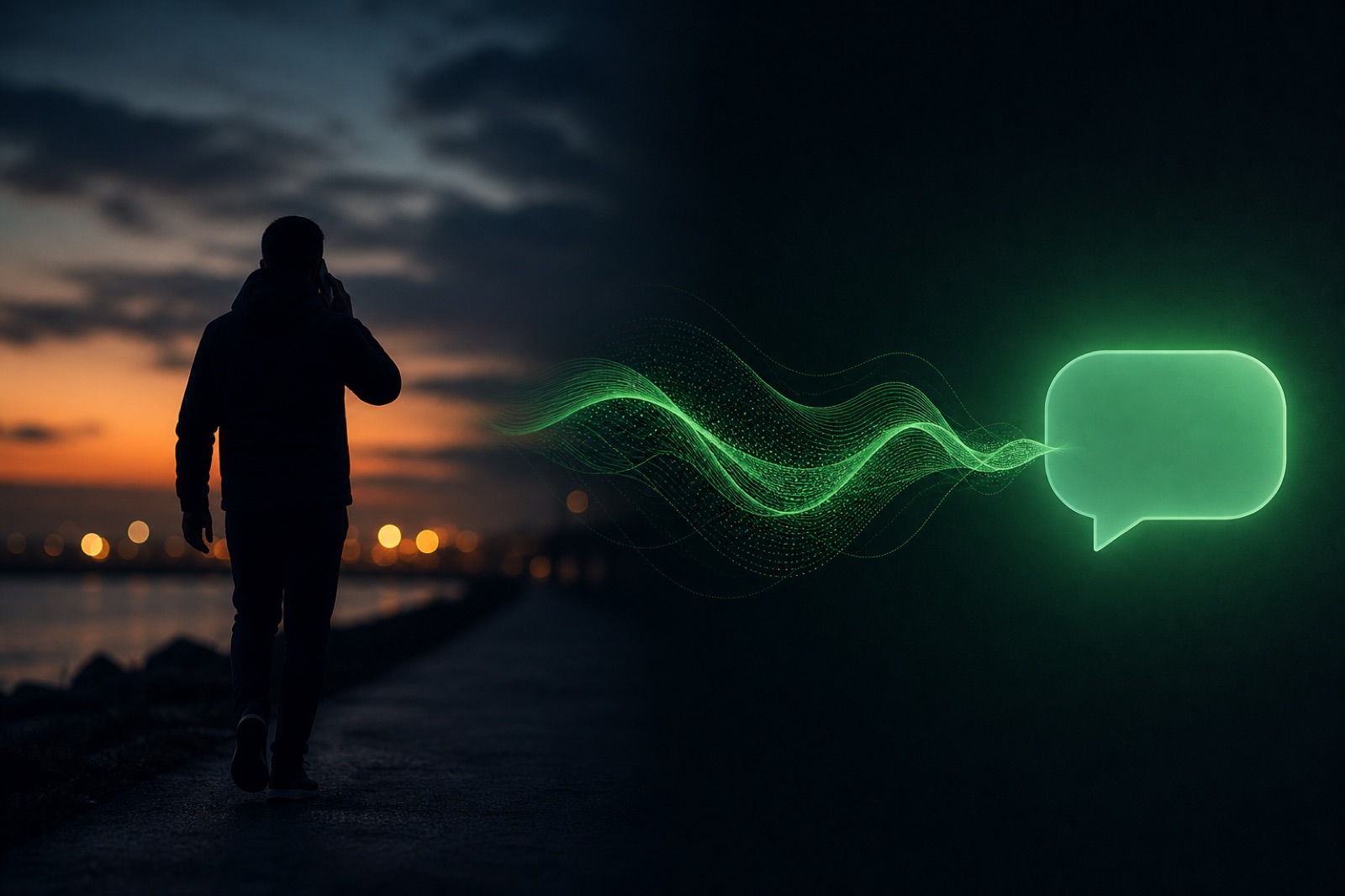Un'immagine divisa: a sinistra una persona che cammina all'aperto parlando al telefono, a destra una finestra di chat con un'onda vocale e una risposta scritta, che mostra la differenza tra voce dal vivo e note vocali asincrone