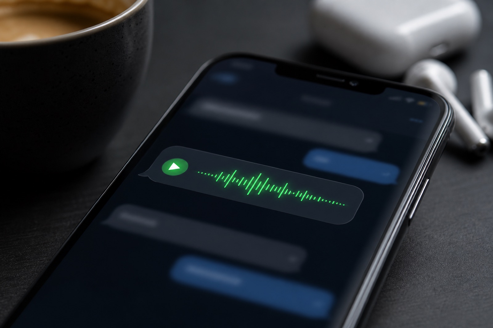 Un primo piano dello schermo di uno smartphone che mostra una conversazione Telegram con un vocale a forma d'onda, un pulsante verde di play e una risposta scritta sotto, che suggerisce uno scambio hands-free con un assistente IA
