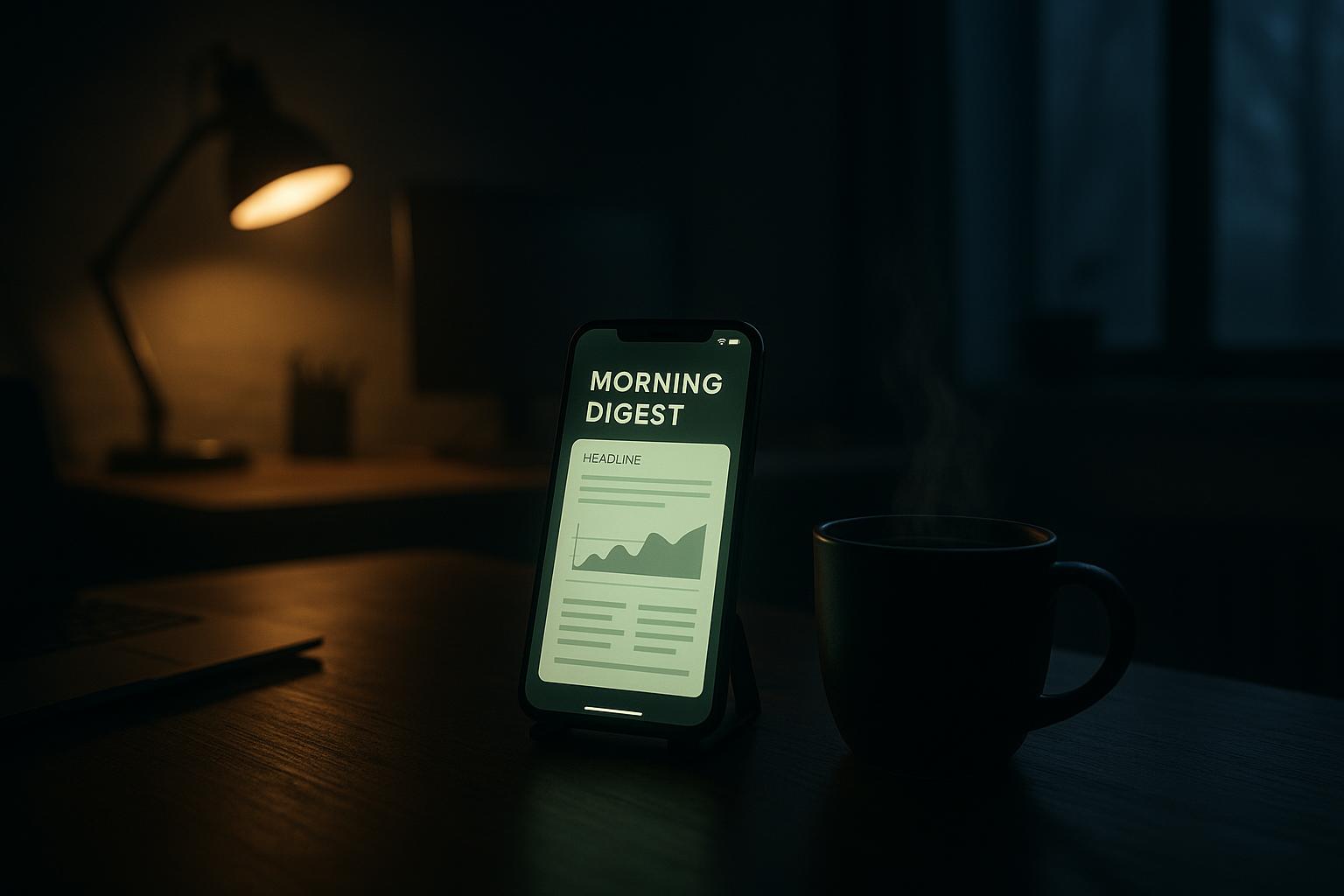 A dark home office with a phone on the desk showing a morning crypto digest, soft green light from the screen reflecting on the surface