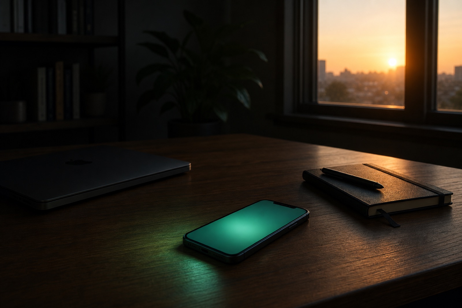 Una oficina en casa en penumbra al amanecer con un móvil sobre la mesa mostrando un resumen de MRR en Stripe, con un suave reflejo verde de la pantalla