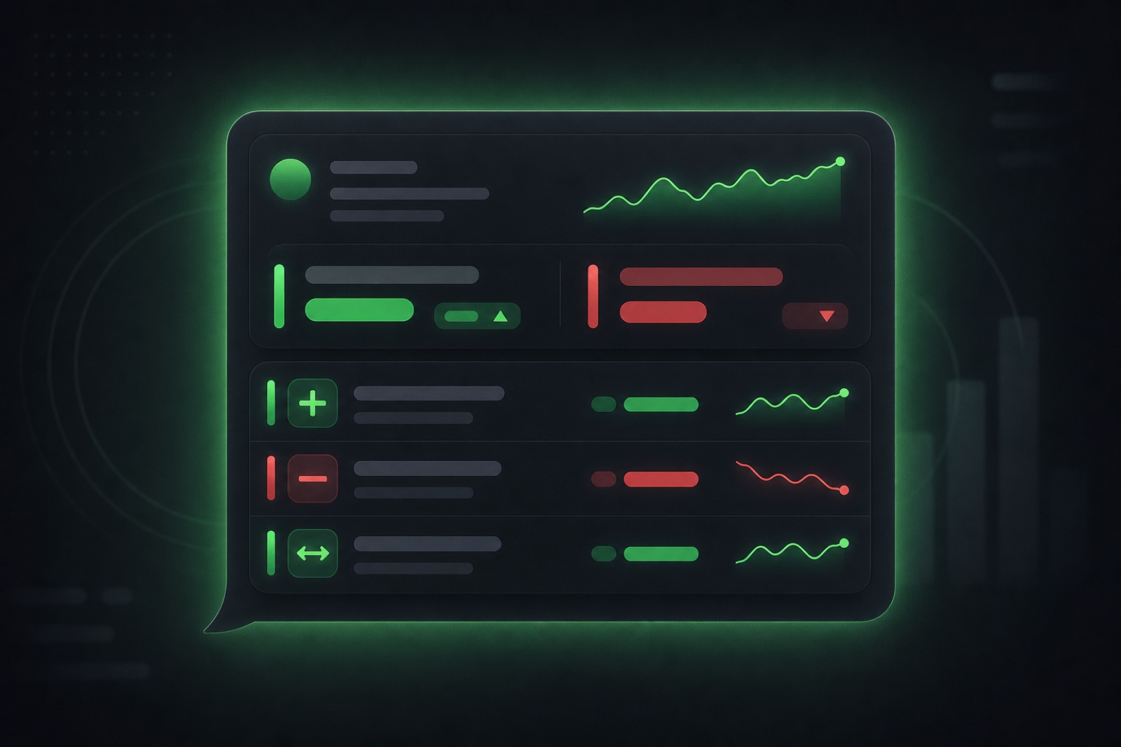 Un mockup de dashboard en oscuro mostrando un mensaje de Telegram con delta de MRR, nuevas suscripciones y una línea de contexto, con acentos en verde y rojo