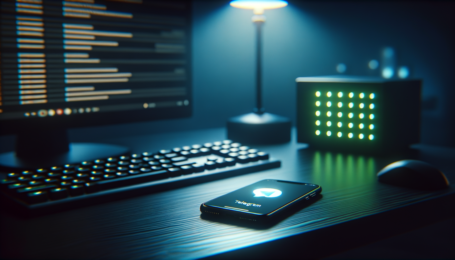 Photorealistic dark home-office desk with a phone showing a Telegram chat notification in green, a small server light blinking faintly behind it
