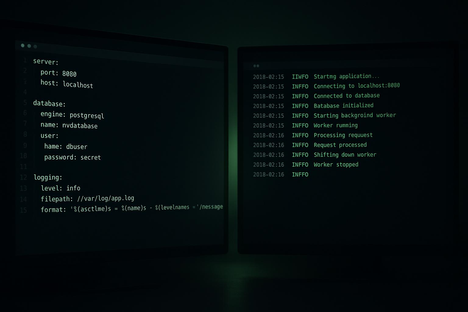 Editor de código escuro lado a lado mostrando um YAML e um log de terminal