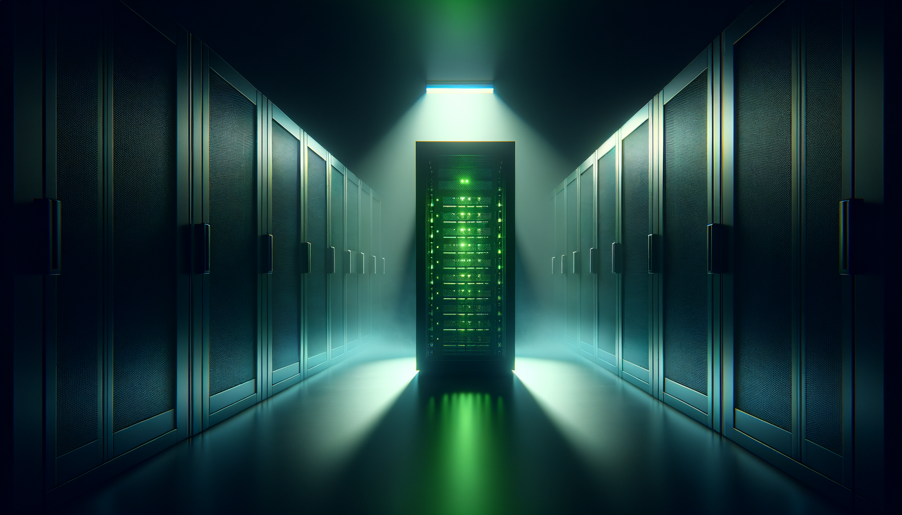 Photorealistic dark server room with a single rack illuminated by a green status LED