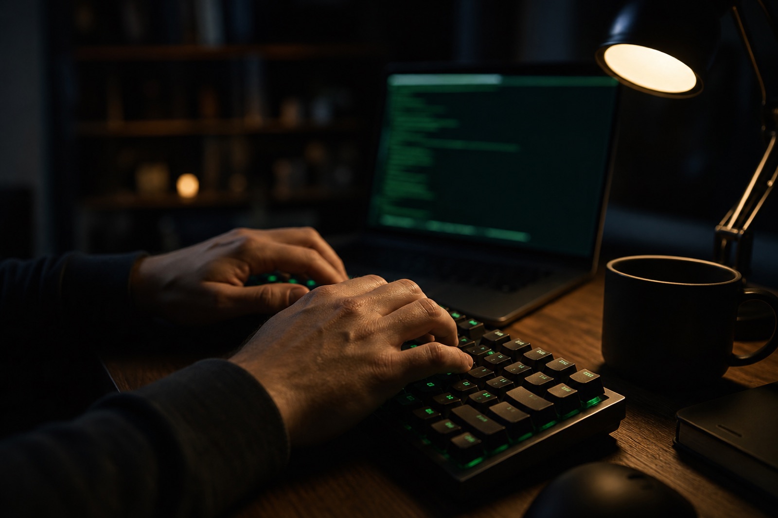 Cena fotorrealista do terminal de um desenvolvedor mostrando uma sessão do Hermes Agent carregando uma skill personalizada, com prompt verde e iluminação ambiente suave