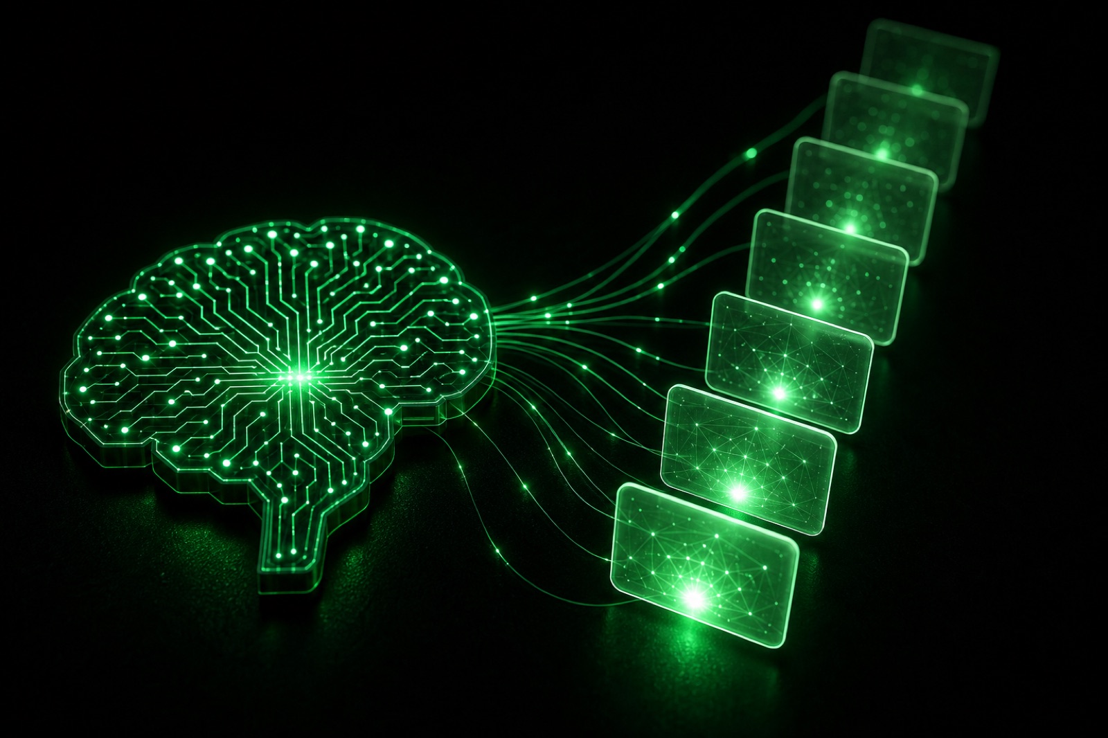 Ilustración oscura en primer plano de un nodo de memoria con forma de cerebro brillante conectado a un flujo de tarjetas de tareas, que representa cómo un asistente de IA acumula contexto con el tiempo