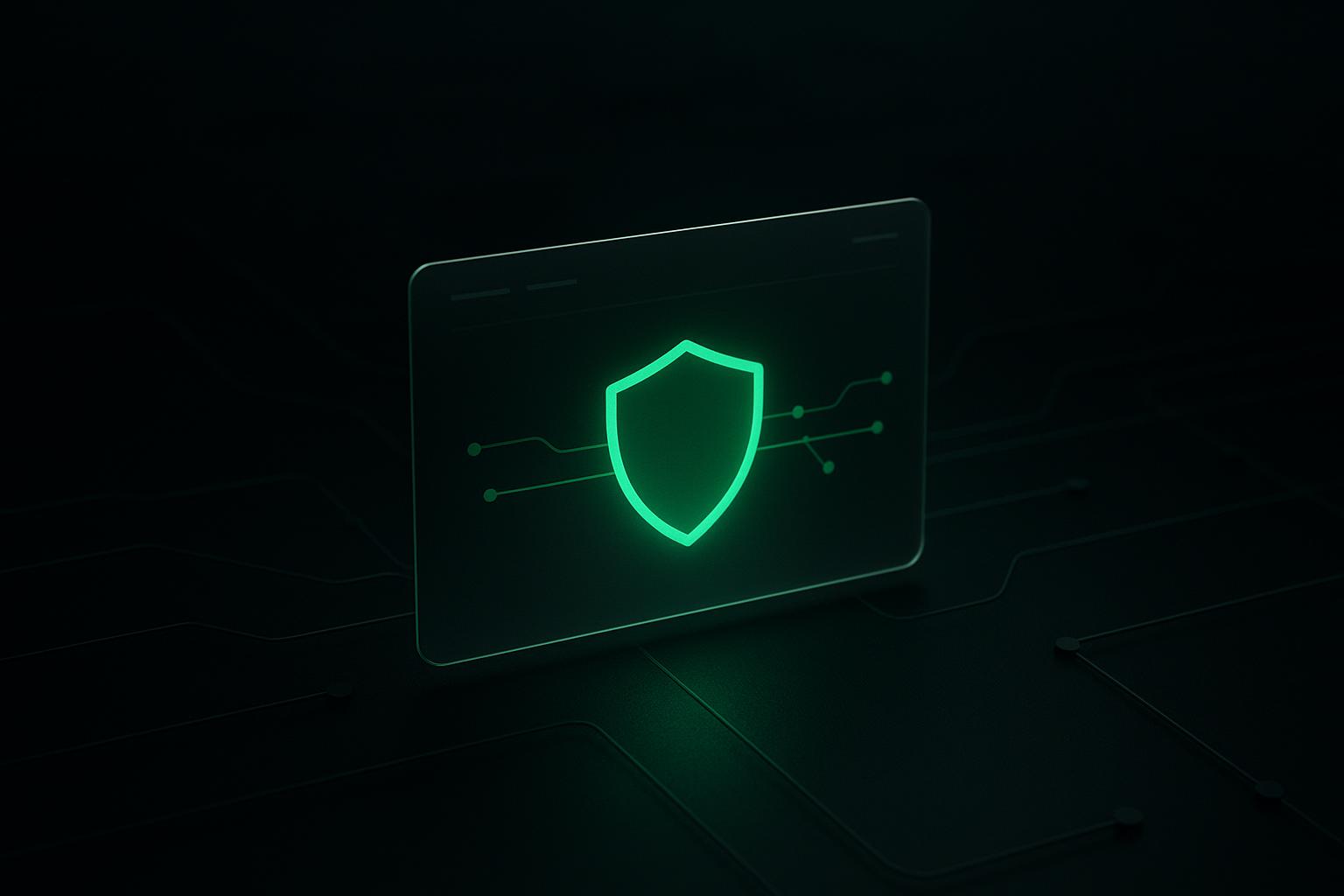 Panneau de contrôle sombre photoréaliste avec une icône de bouclier réseau verte lumineuse, illustrant une protection par firewall cloud