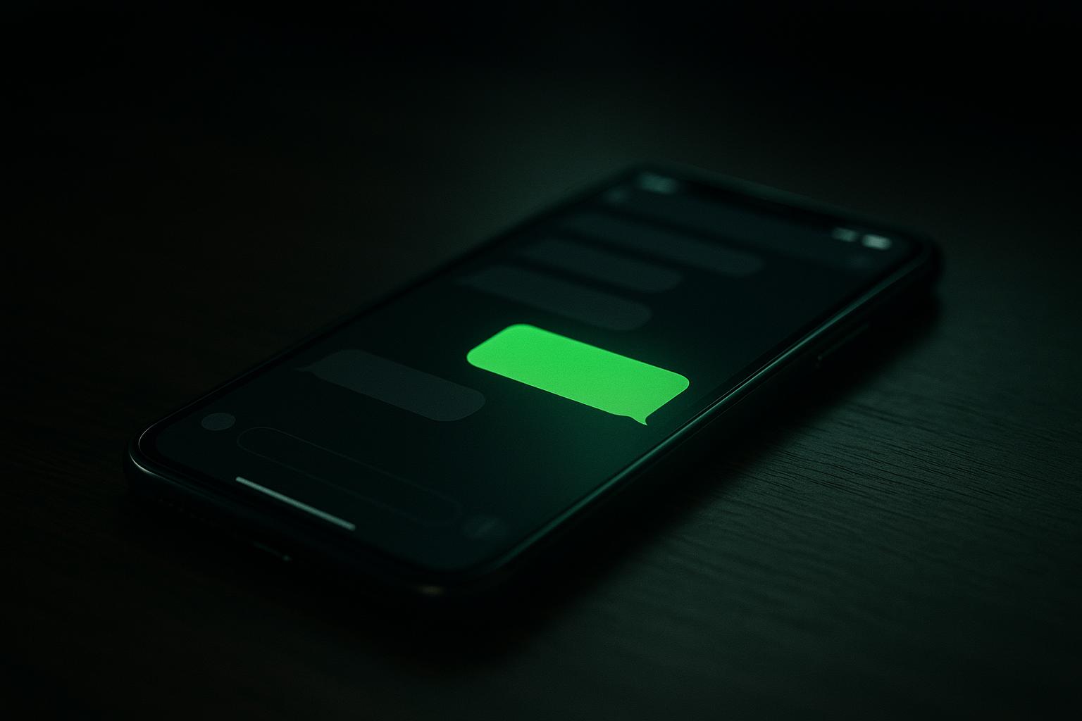 Gros plan photoréaliste d'un smartphone affichant une bulle de chat en thème sombre avec un accent vert