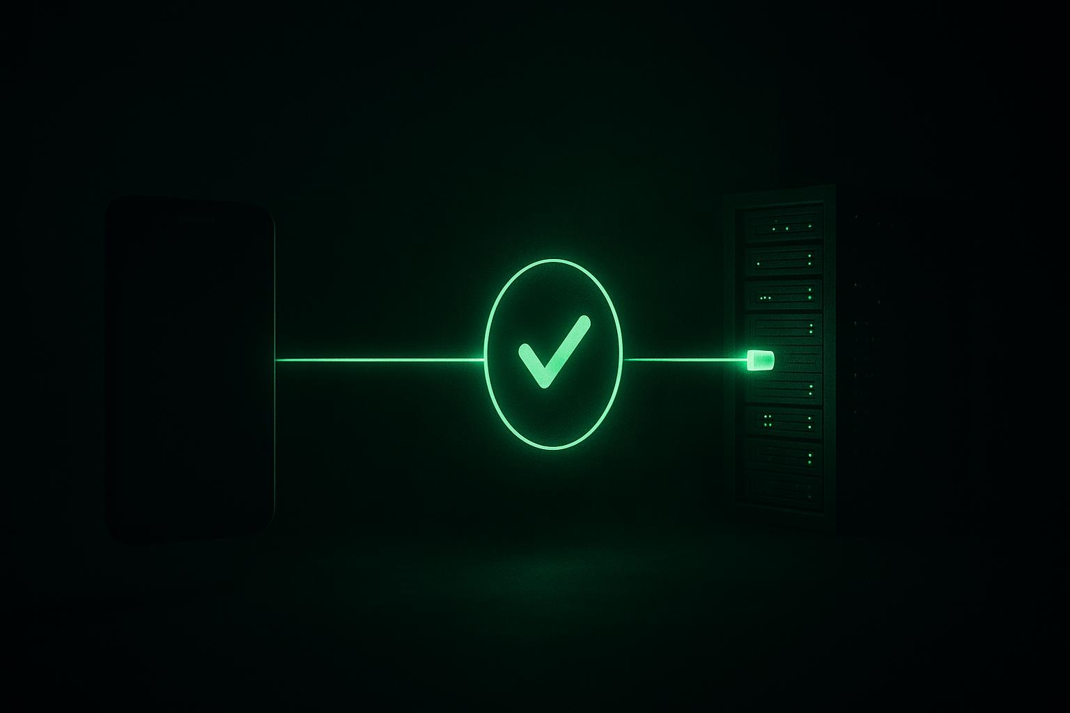Abstract dark visualization of a message traveling from a phone through a verified gateway node into a server, with a single green accent line tracing the path