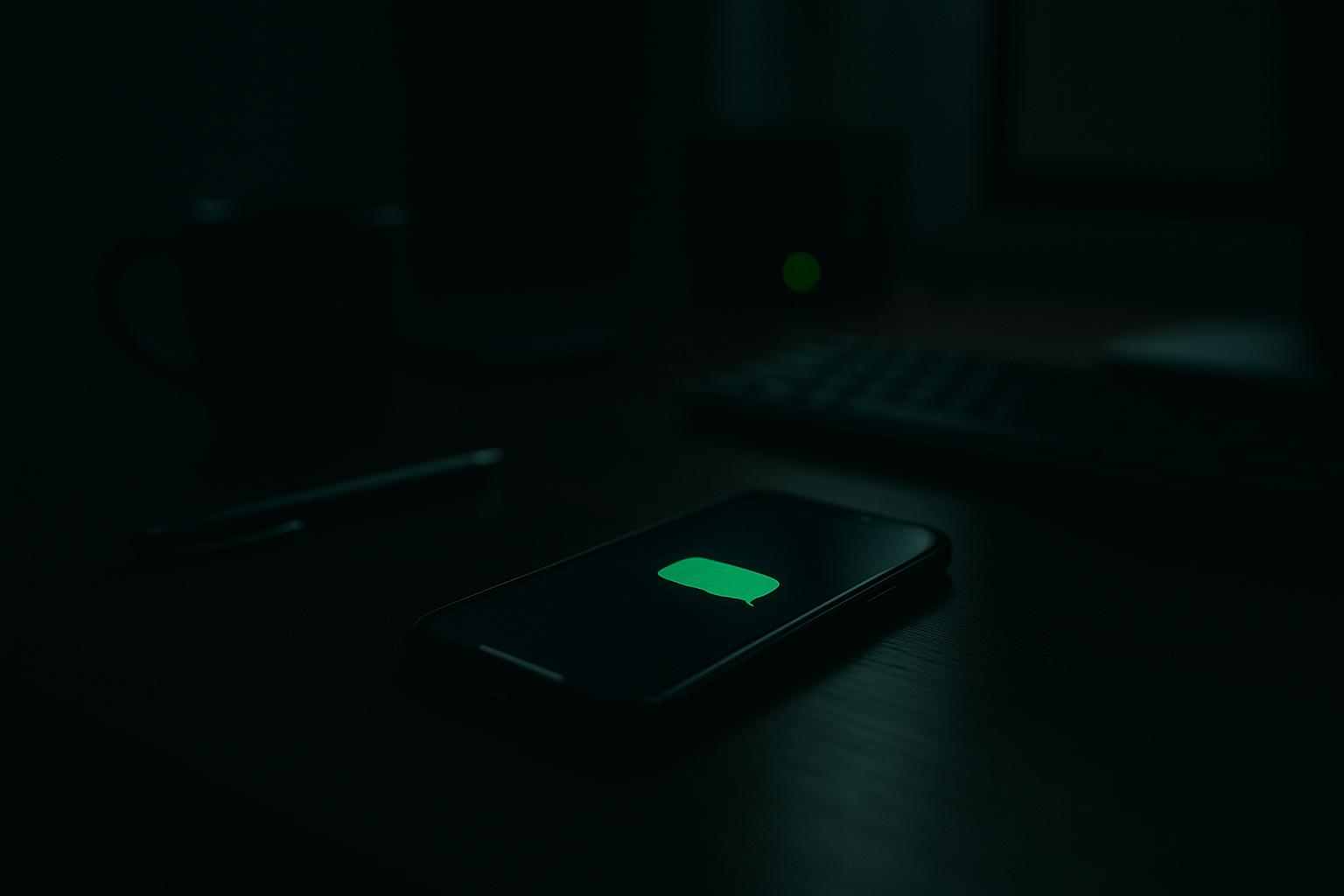Photorealistic dark home-office desk at night, a phone face-up showing a green message bubble, a faint server status light blinking in the background