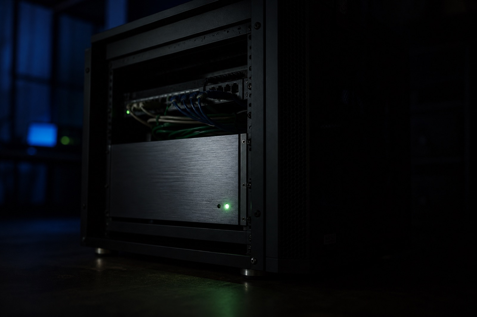 Foto escura fotorrealista de um pequeno rack de servidores numa sala mal iluminada com um único LED verde de estado a iluminar os cabos, sugerindo uma infraestrutura auto-hospedada silenciosa